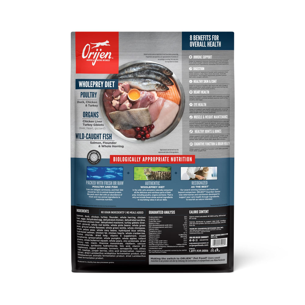 ORIJEN Guardian Senior-kibble-seco: croquetas de alta proteína para gatos mayores.