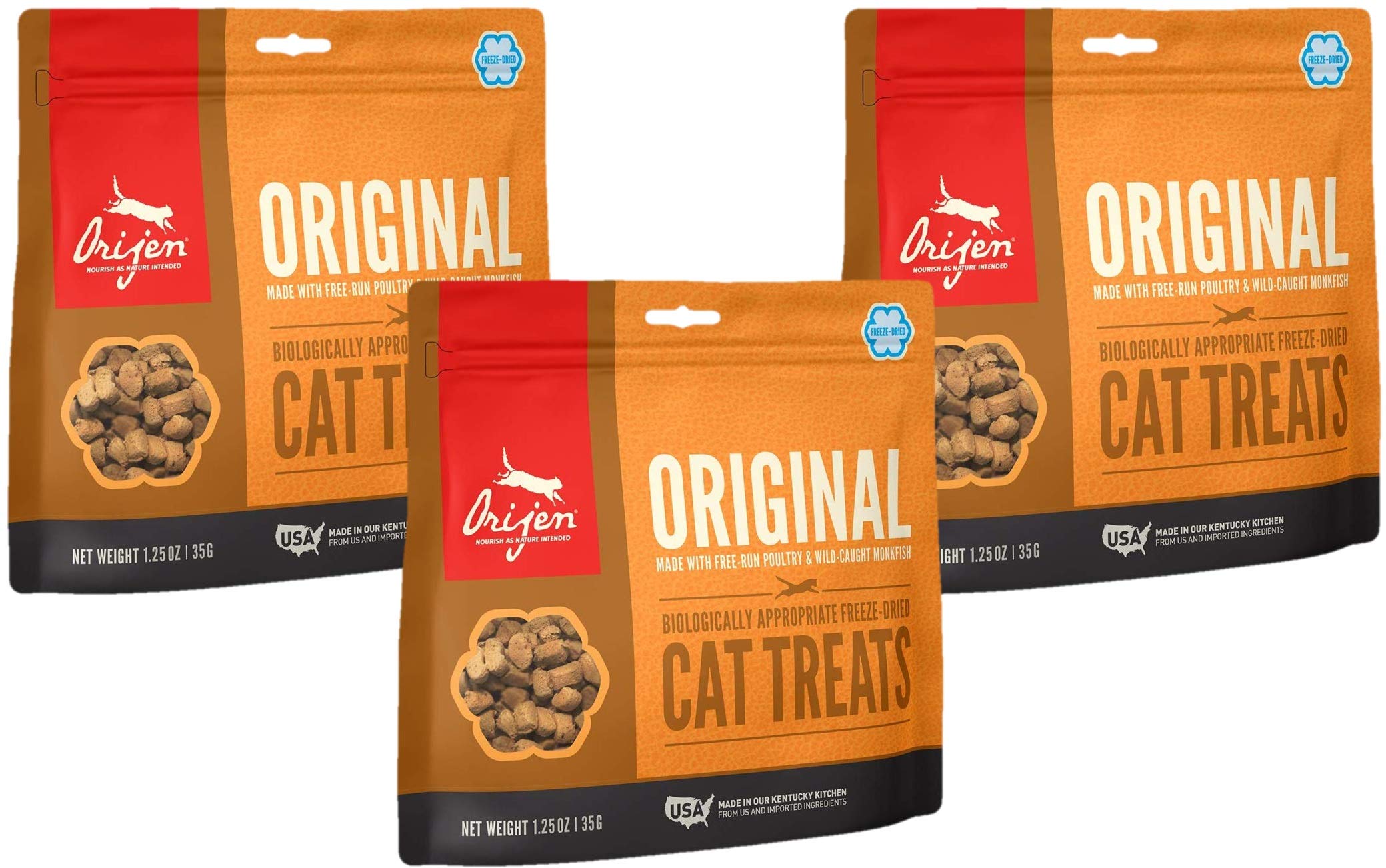 ORIJEN Premios Originales para Gatos: paquete de tres bolsas 1.25 oz ideal para recompensas.