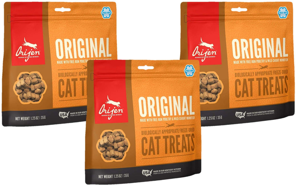ORIJEN Premios Originales para Gatos: paquete de tres bolsas 1.25 oz ideal para recompensas.