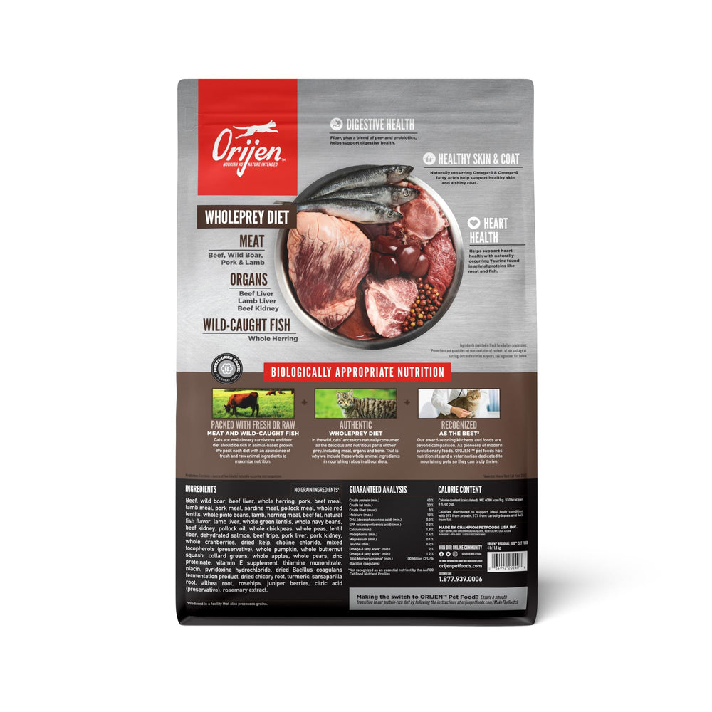 ORIJEN Regional Red croquetas secas con alto contenido proteico para gatos.
