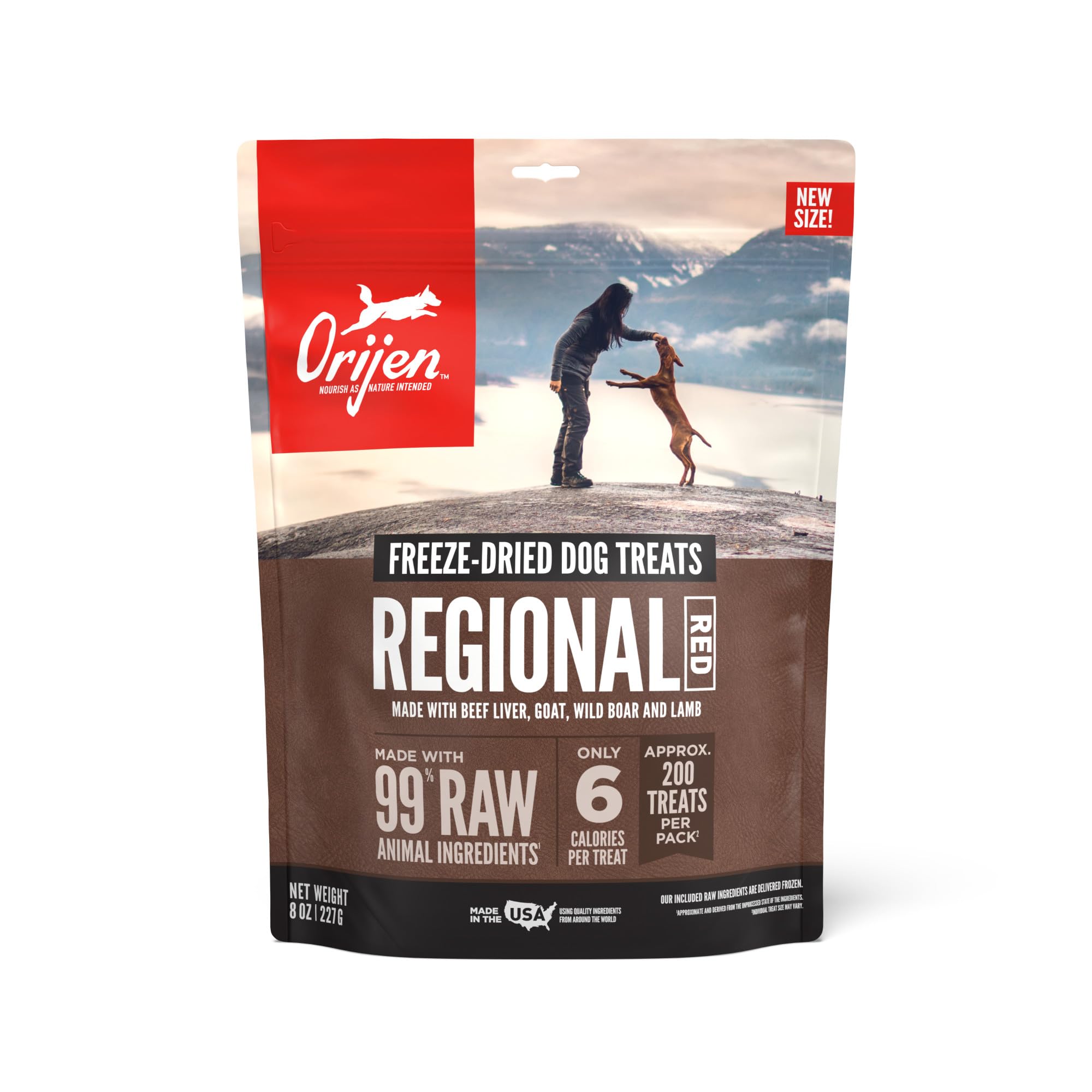 ORIJEN Regional Red Premios Deshidratados 8oz para entrenar con sabor intenso.