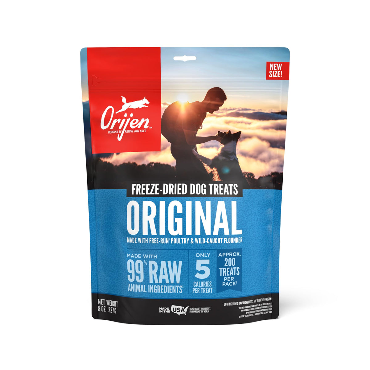 ORIJEN tratamiento seco original 8oz, empaque práctico para salidas con tu perro.