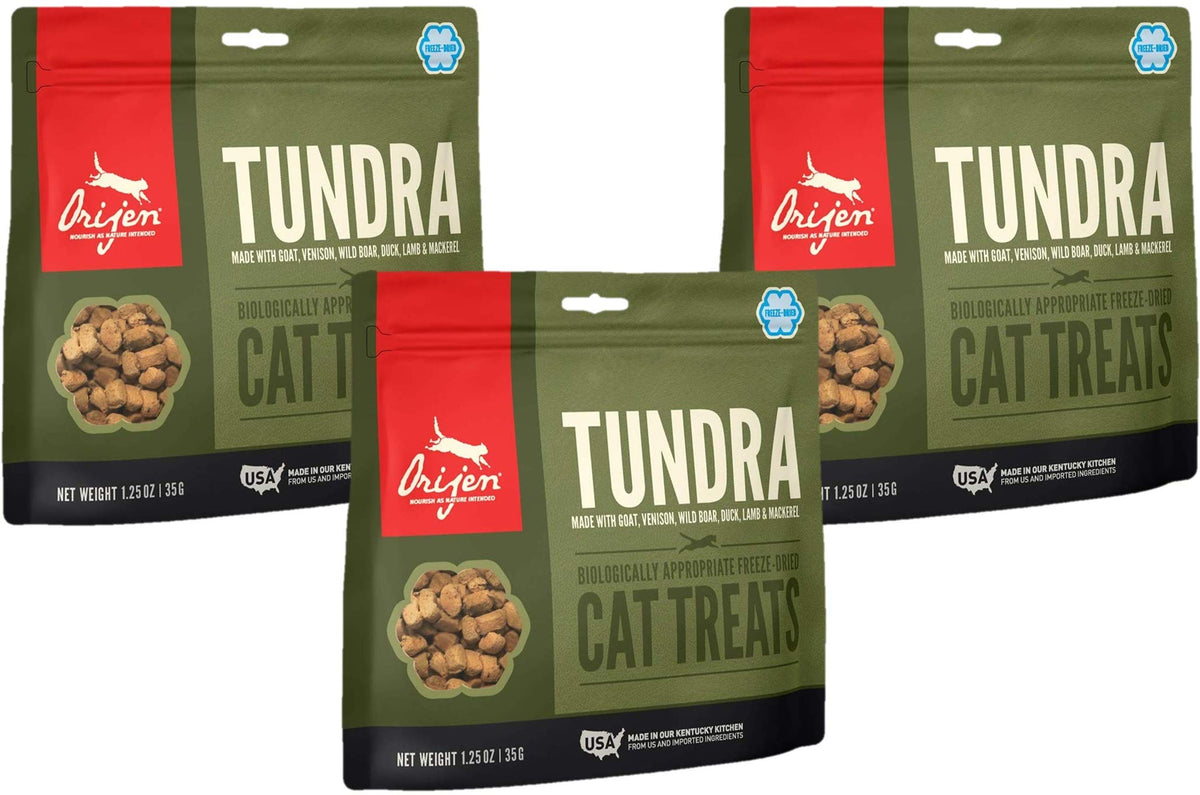 ORIJEN TUNDRA pack premium para gatos, ideal para recompensas saludables.
