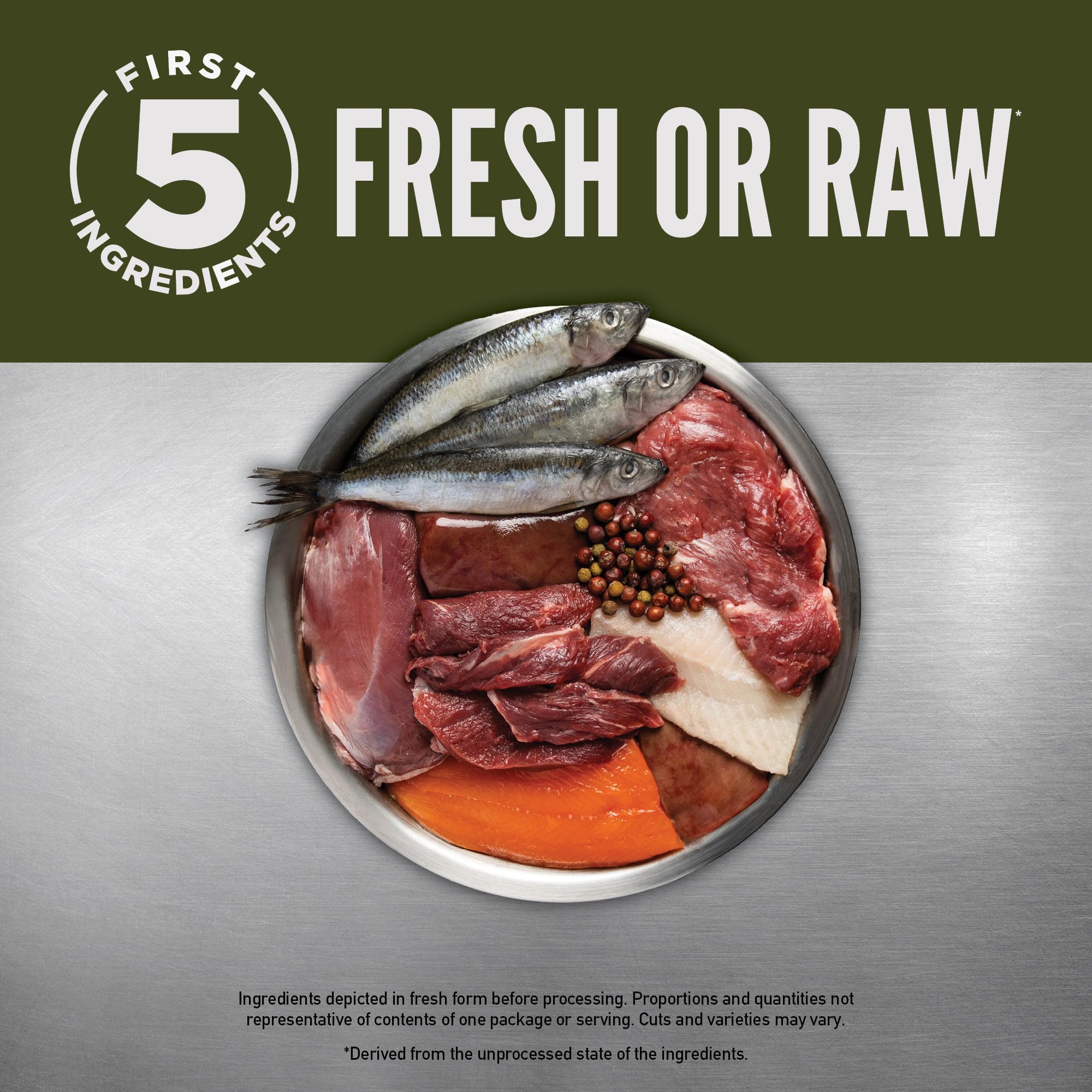 Primeros seis ingredientes frescos de ORIJEN TUNDRA: pato, char, trucha