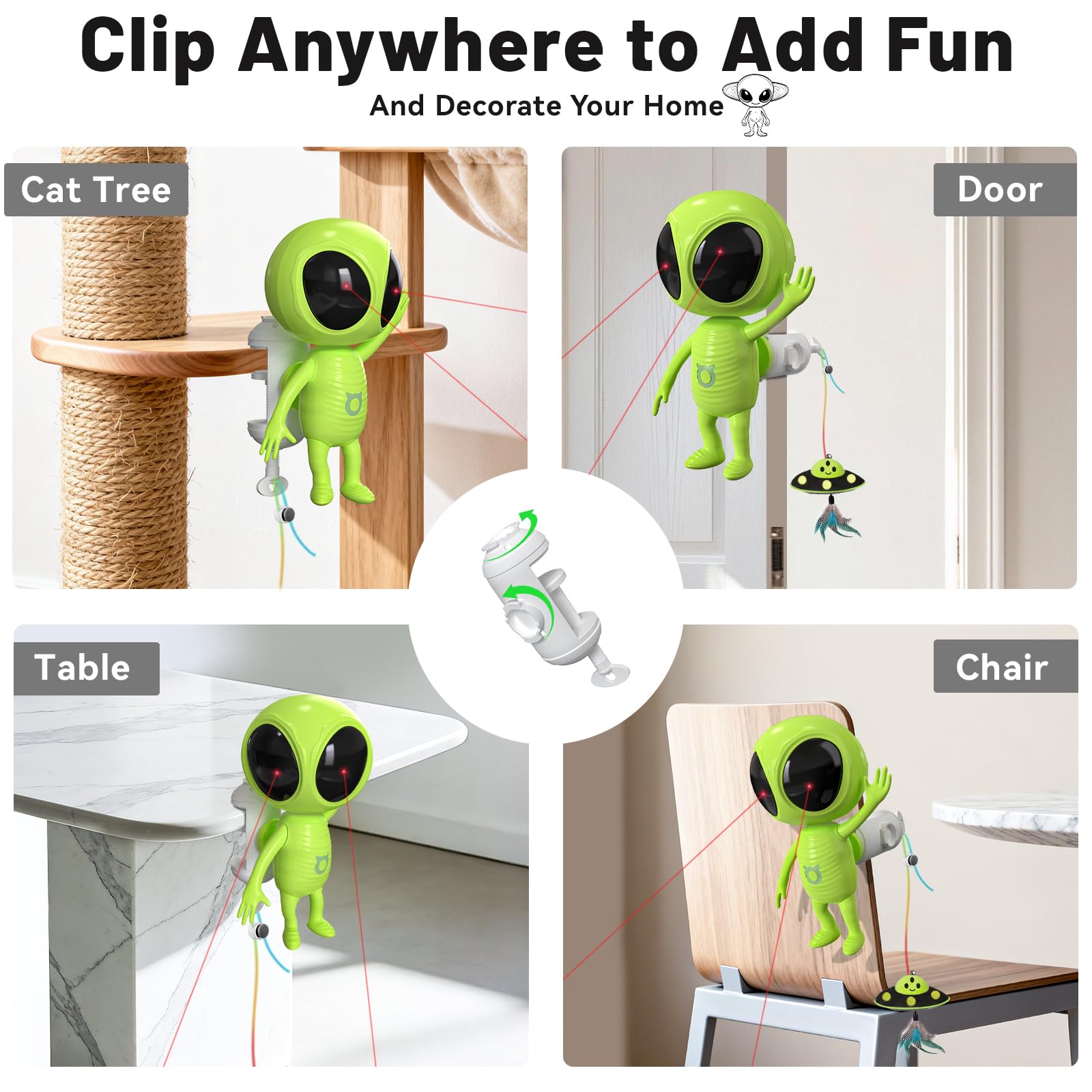 Clip ajustable resistente para fijar el juguete en puertas, árboles o postes.