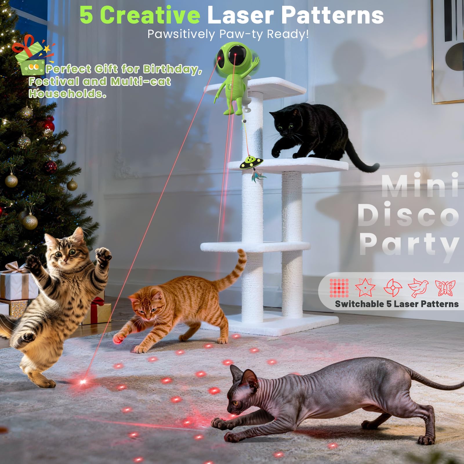 Movimiento dual de láser ORSDA que crea zigzag y giros para atrapar al gato.
