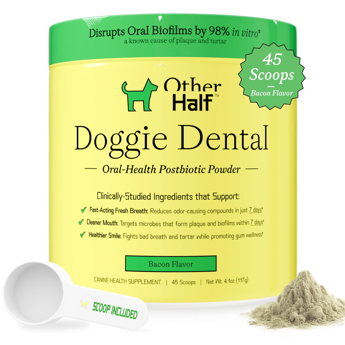 Other Half polvo dental para perros mejora el aliento y la salud bucal.