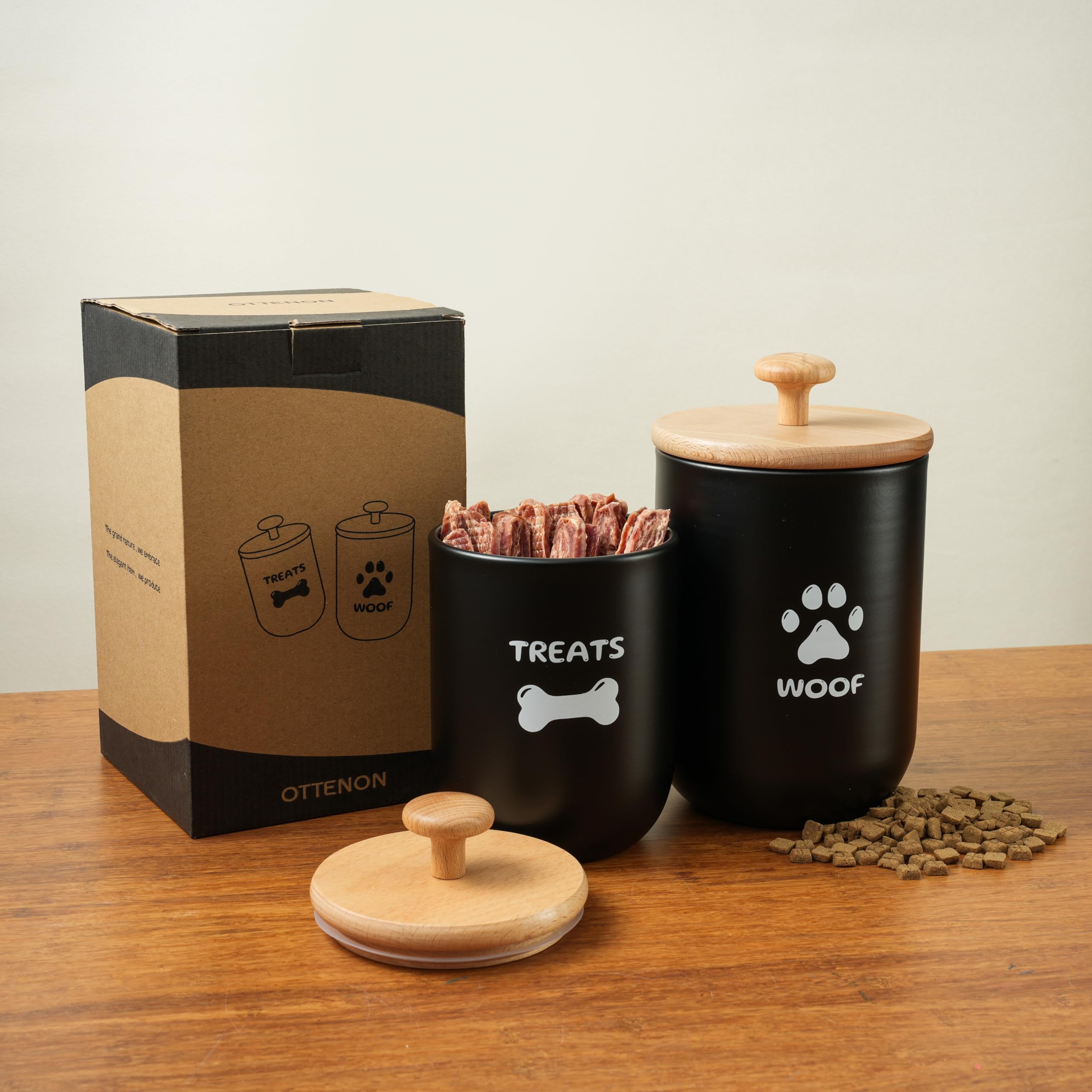 OTTENON Contenedor golosinas perro negro, tapas herméticas, ideal para golosinas crujientes.