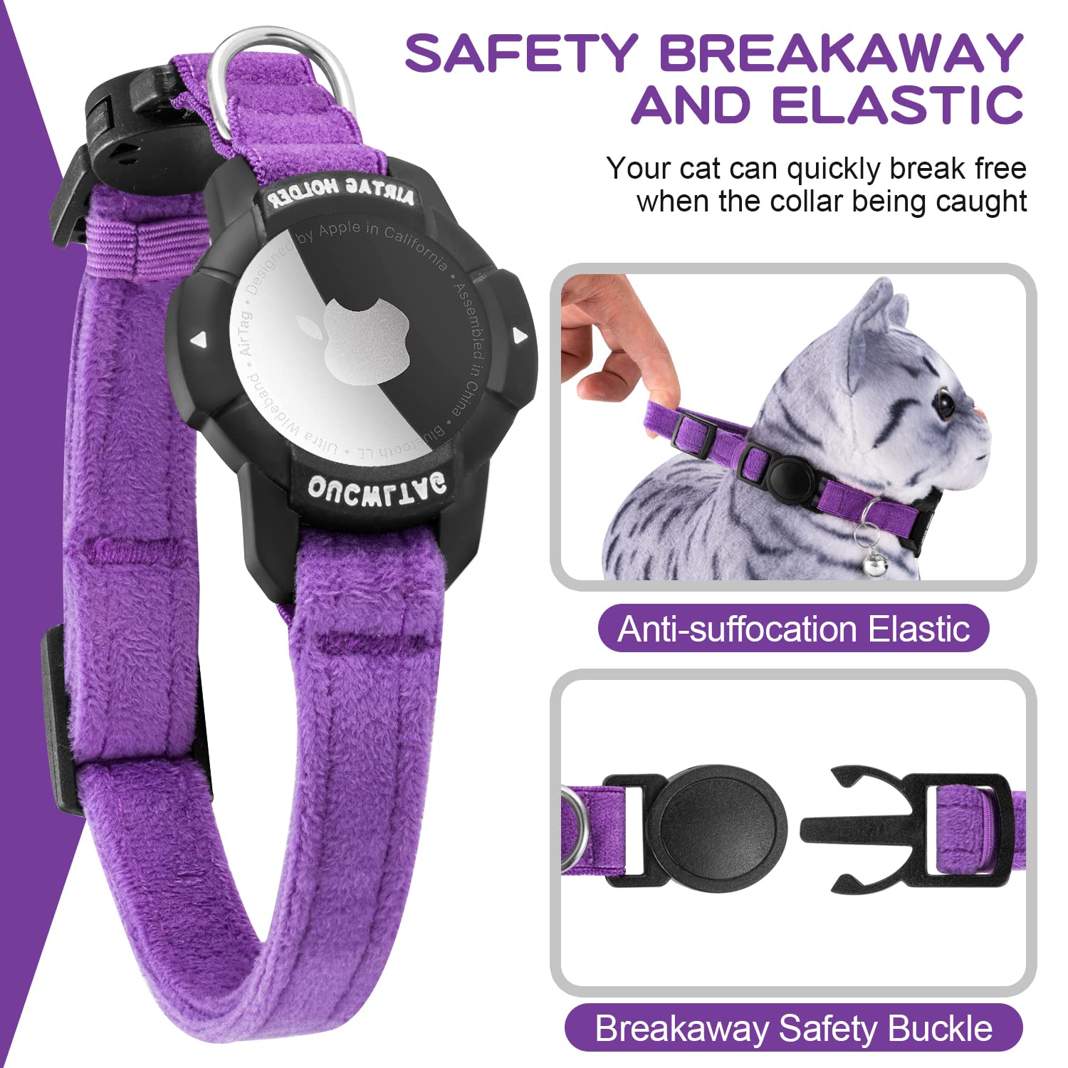 OUCWLTAG collar de terciopelo morado suave y cómodo para gatos activos
