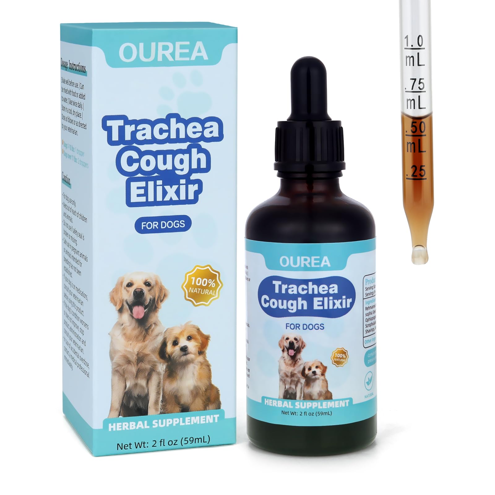 Ourea Elixir tos perros, botella visible para uso diario