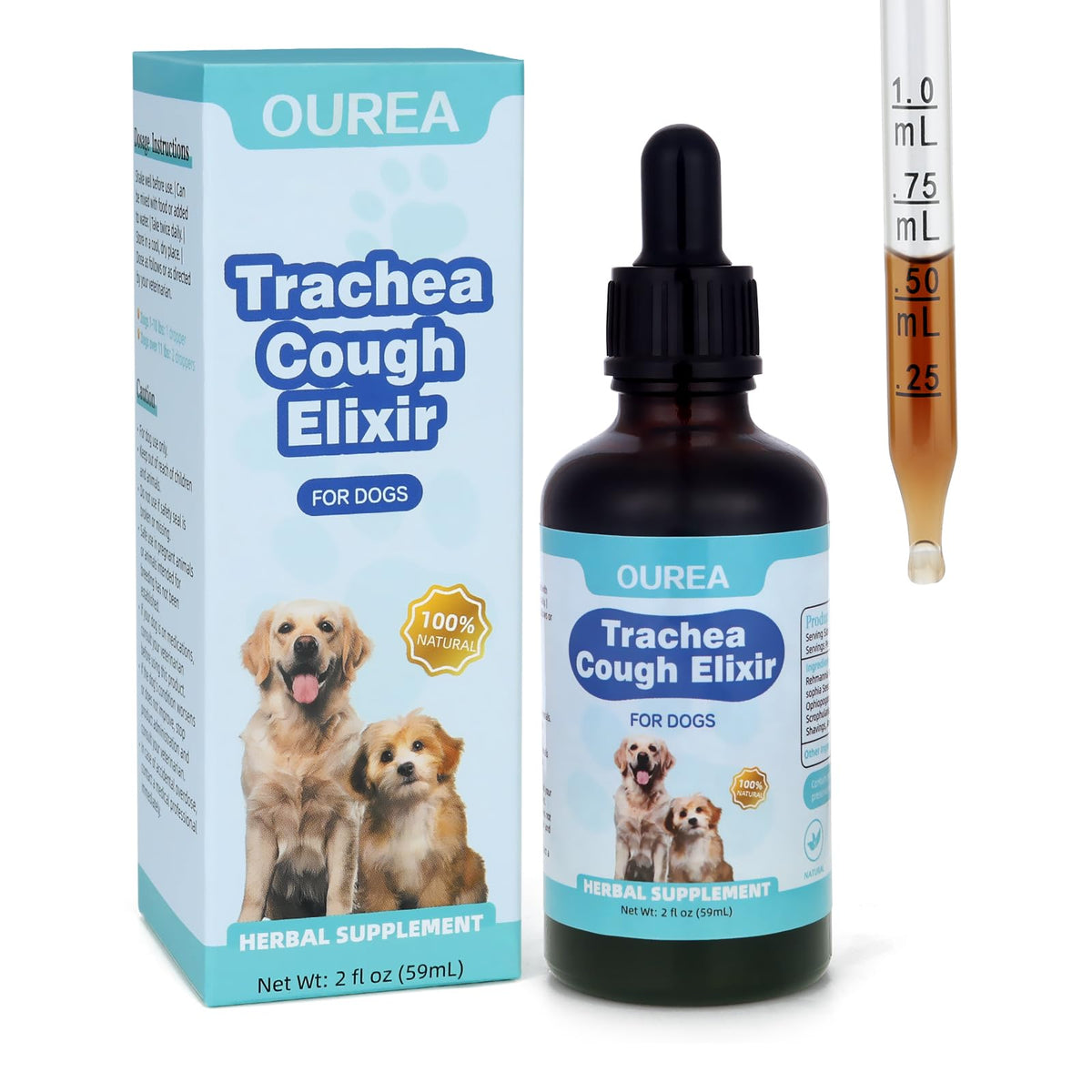 Ourea Elixir tos perros, botella visible para uso diario