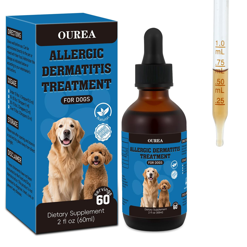 Ourea: envase de gotas para dermatitis canina, alivio suave y uso fácil.