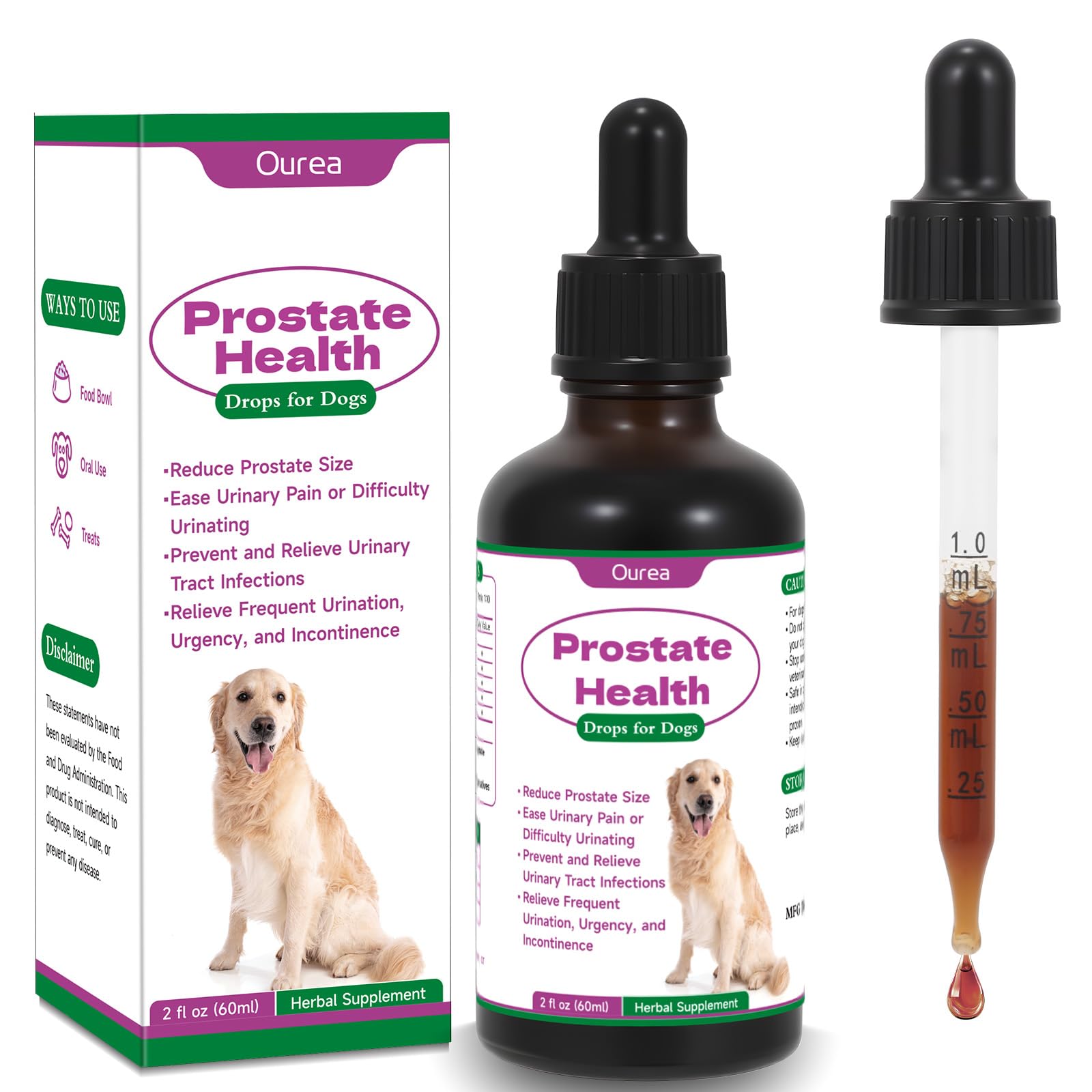 Gotas de salud prostática de Ourea para perros, botella en primer plano, promueven comodidad urinaria.