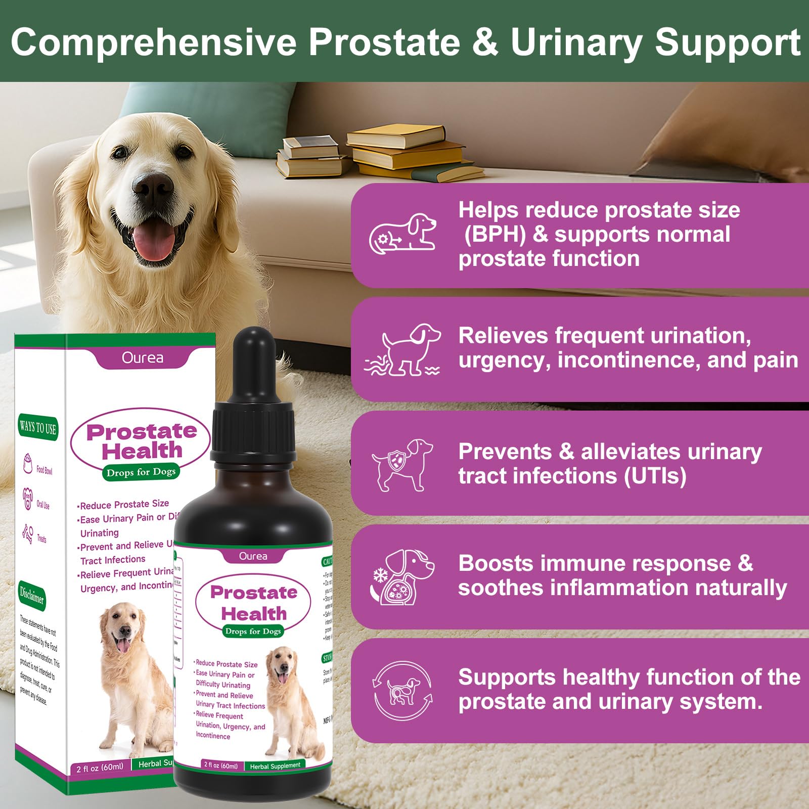 Gotas de salud prostática de Ourea para perros, dispensador, apoyo diario para función urinaria.