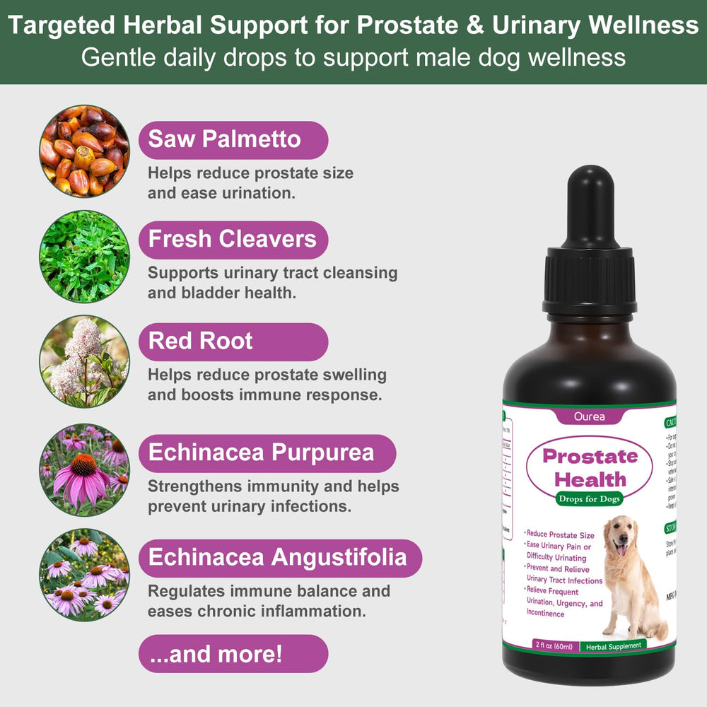 Gotas de salud prostática de Ourea para perros, etiqueta visible, elección natural para bienestar.