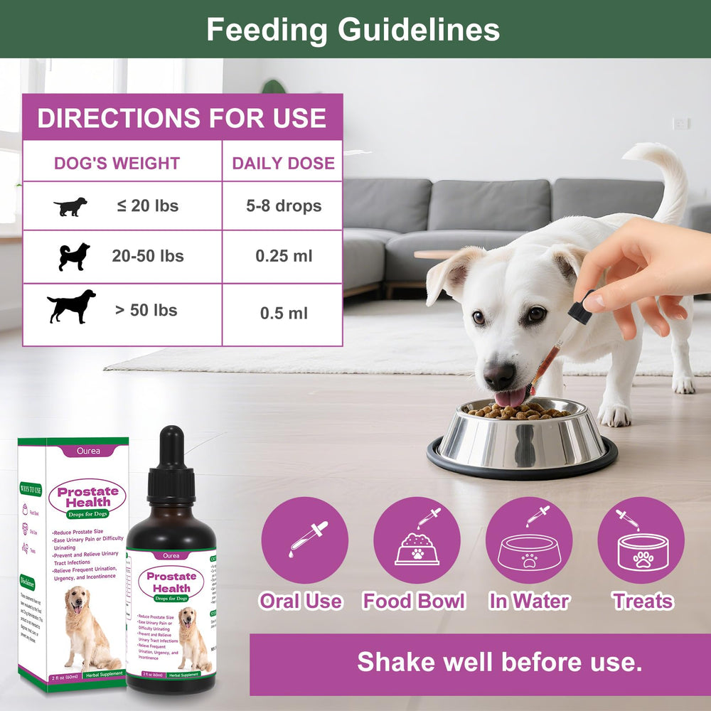 Gotas de salud prostática de Ourea para perros, fórmula 100% herbal, sin granos ni conservantes.