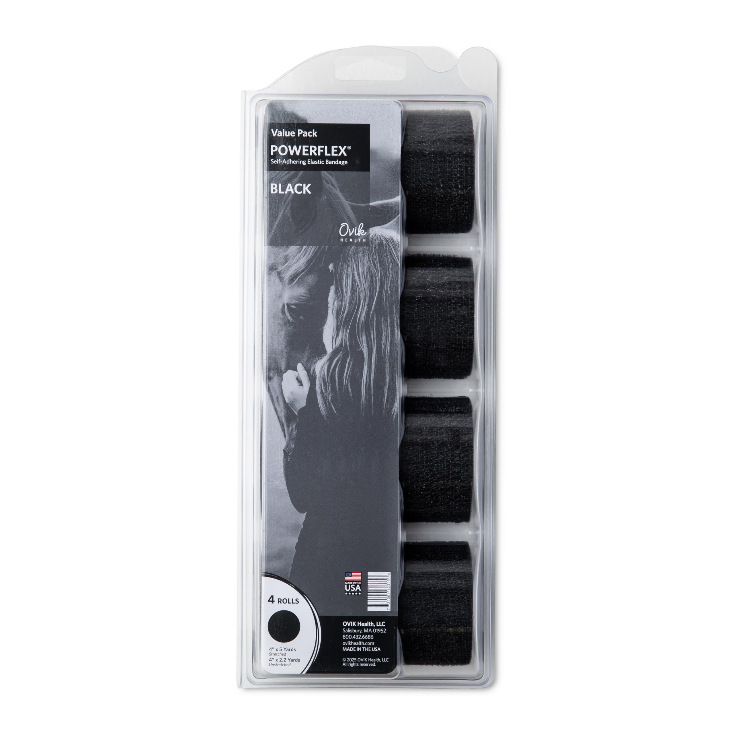 OVIK Health PowerFlex Equine: cuatro rollos de vendaje para uso rápido.