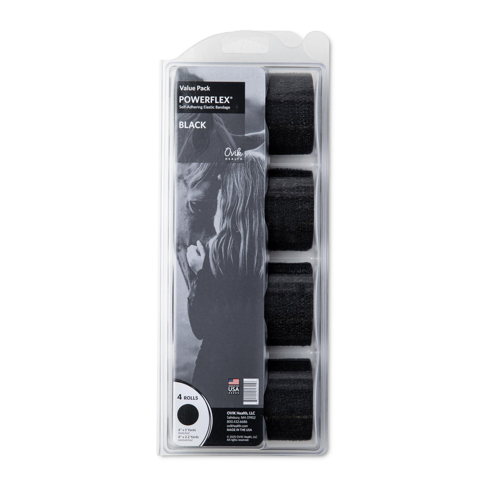 OVIK Health PowerFlex Equine: cuatro rollos de vendaje para uso rápido.