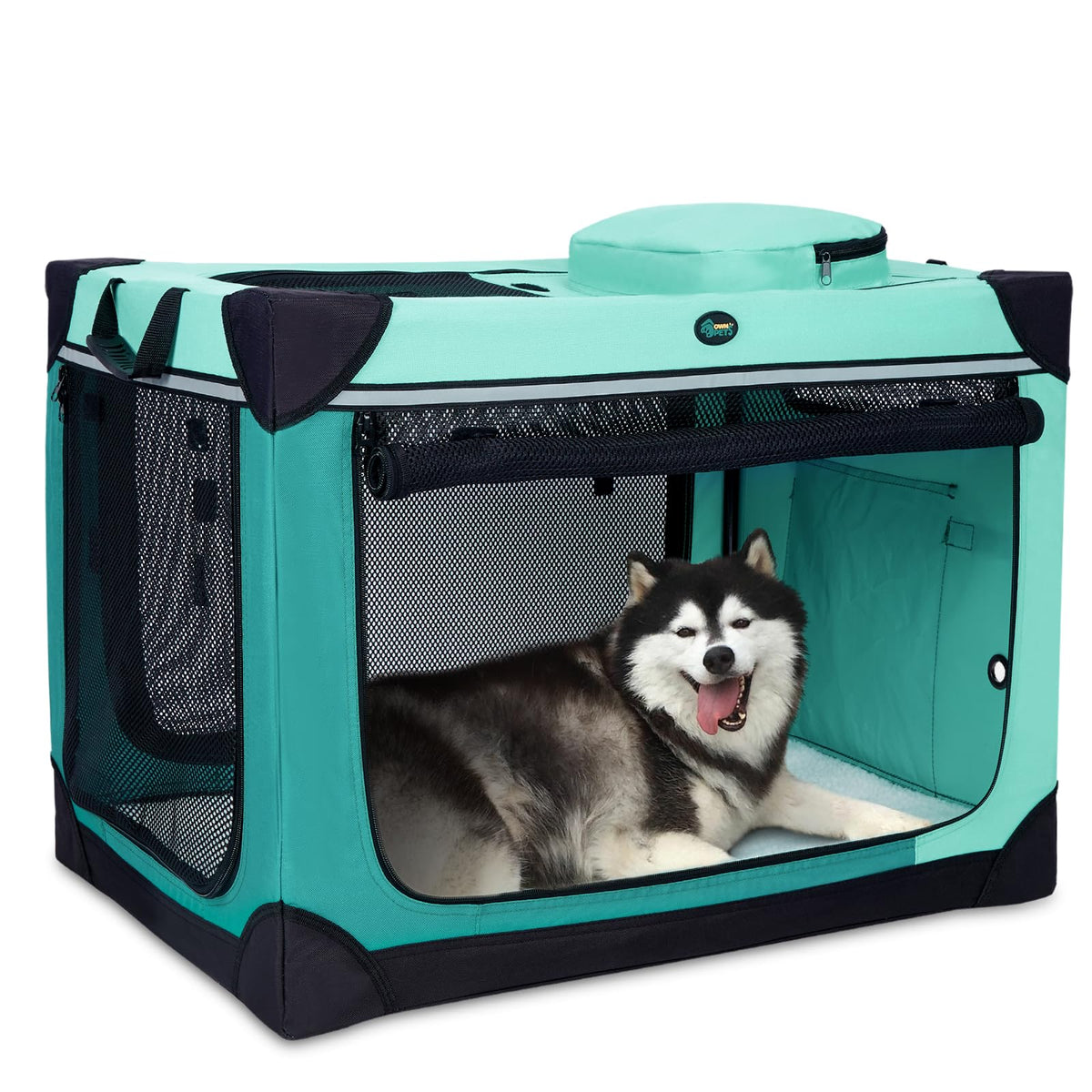 Ownpets jaula 42 pulgadas colapsable para viaje, ofrece transporte cómodo para perros grandes.