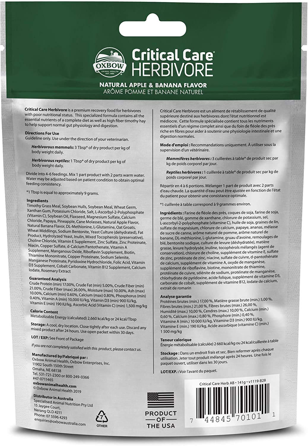Oxbow Critical Care Herbivore: alto en fibra para apoyar la digestión en conejos y cobayas.