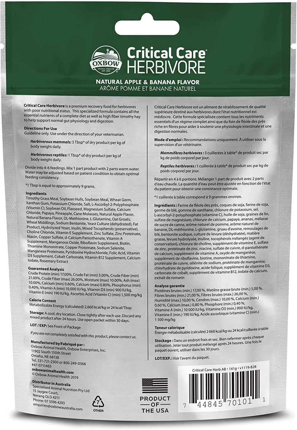 Oxbow Critical Care Herbivore: alto en fibra para apoyar la digestión en conejos y cobayas.