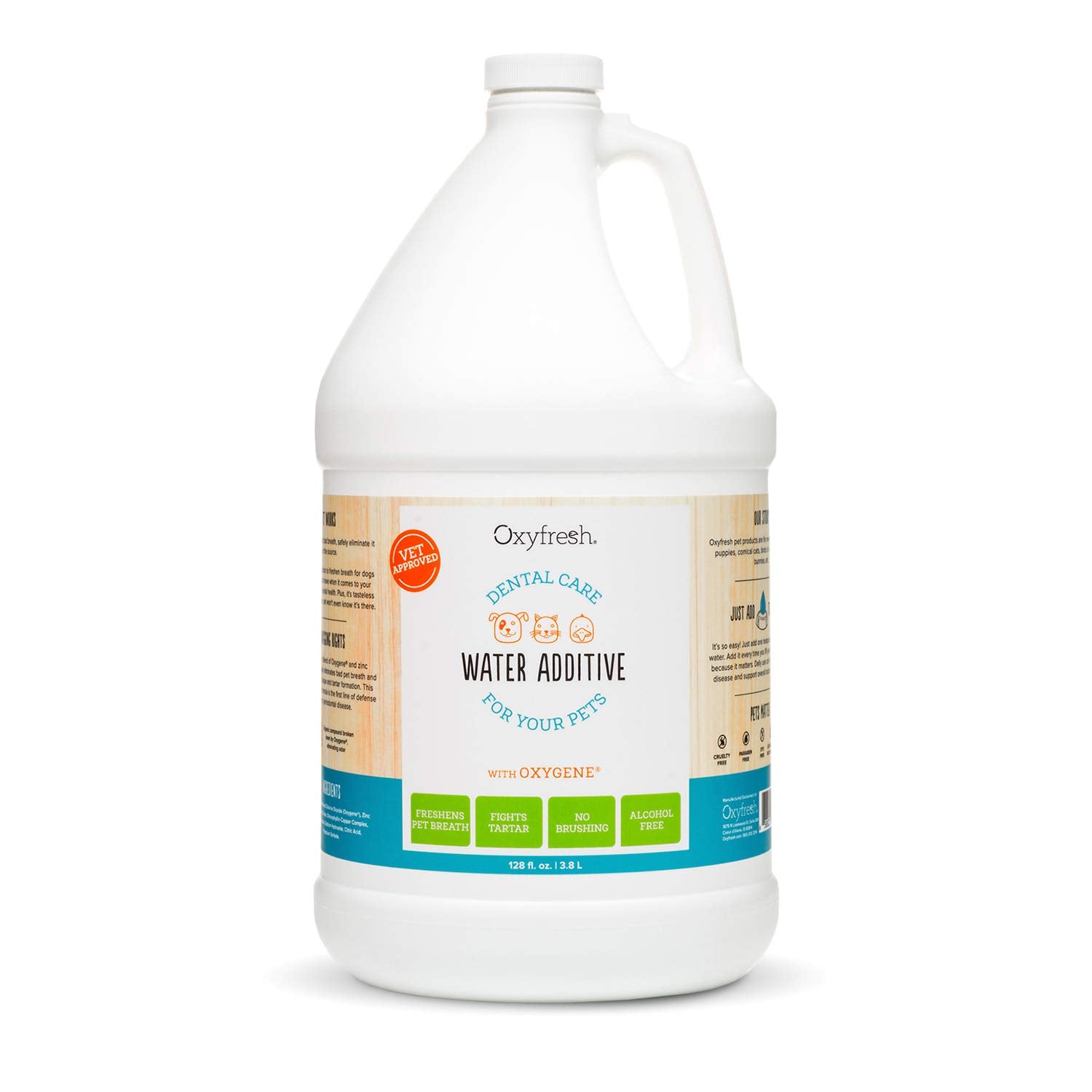 Oxyfresh cuidado dental en agua para mascotas, aliento más fresco.