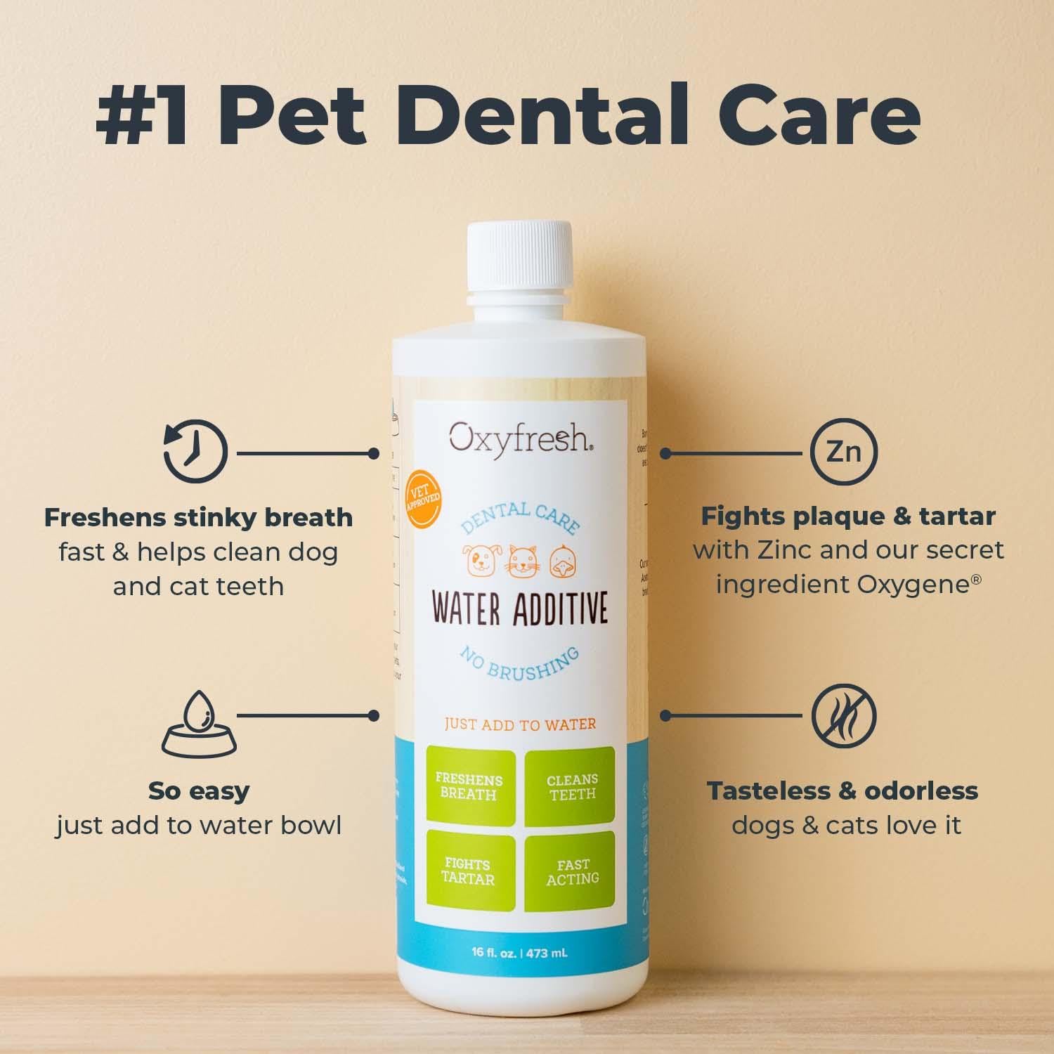 Cuidado dental para perros y gatos con Oxyfresh en el agua para mejor aliento.