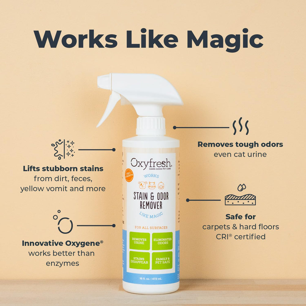 Neutralizador de olor a orina para perros y gatos de Oxyfresh, uso seguro.