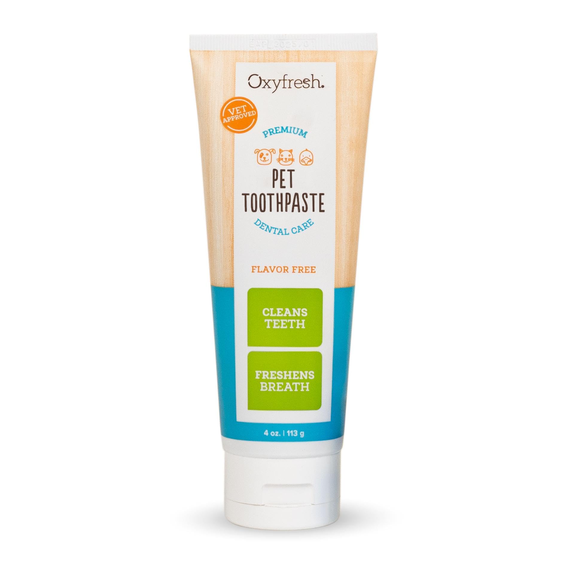 Empaque de Oxyfresh pasta dental para gatos y perros, cuidado bucal diario.