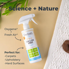 Botella spray de Oxyfresh para manchas difíciles de mascotas en casa.