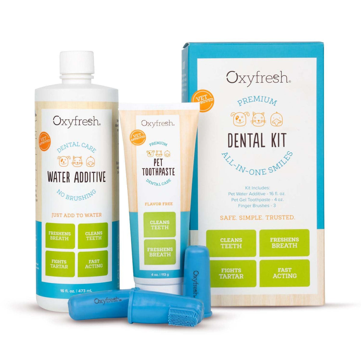 Oxyfresh Premium Pet Dental Kit con pasta dental para perros y gatos, limpieza eficaz.