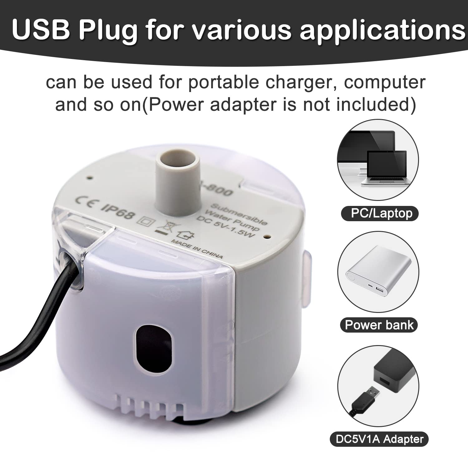 Bomba OYES IP68 con alimentación USB, uso versátil en casa.