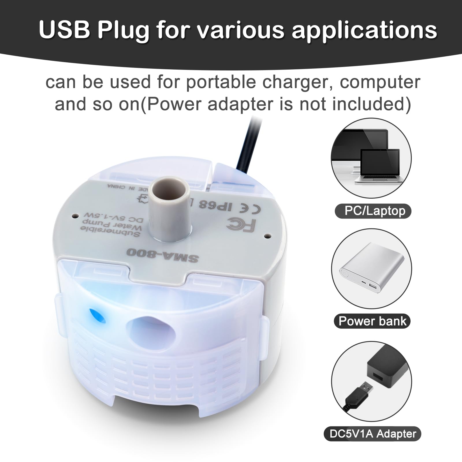 Uso con USB 5V-1A para bomba OYES, versatilidad con cargadores o PCs