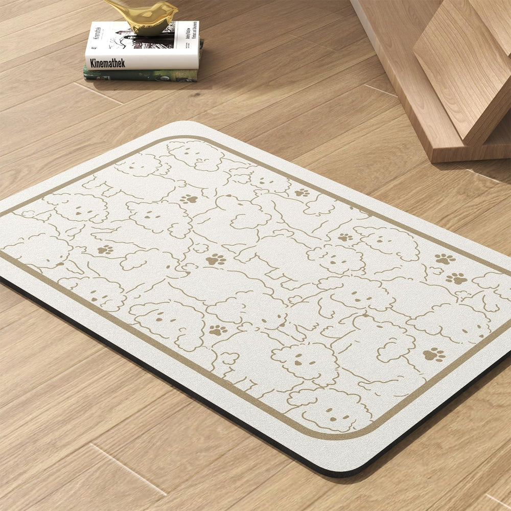 La alfombra absorbente PADOOR FRAMEDOGS para comida y agua, secado rápido y sin derrames.