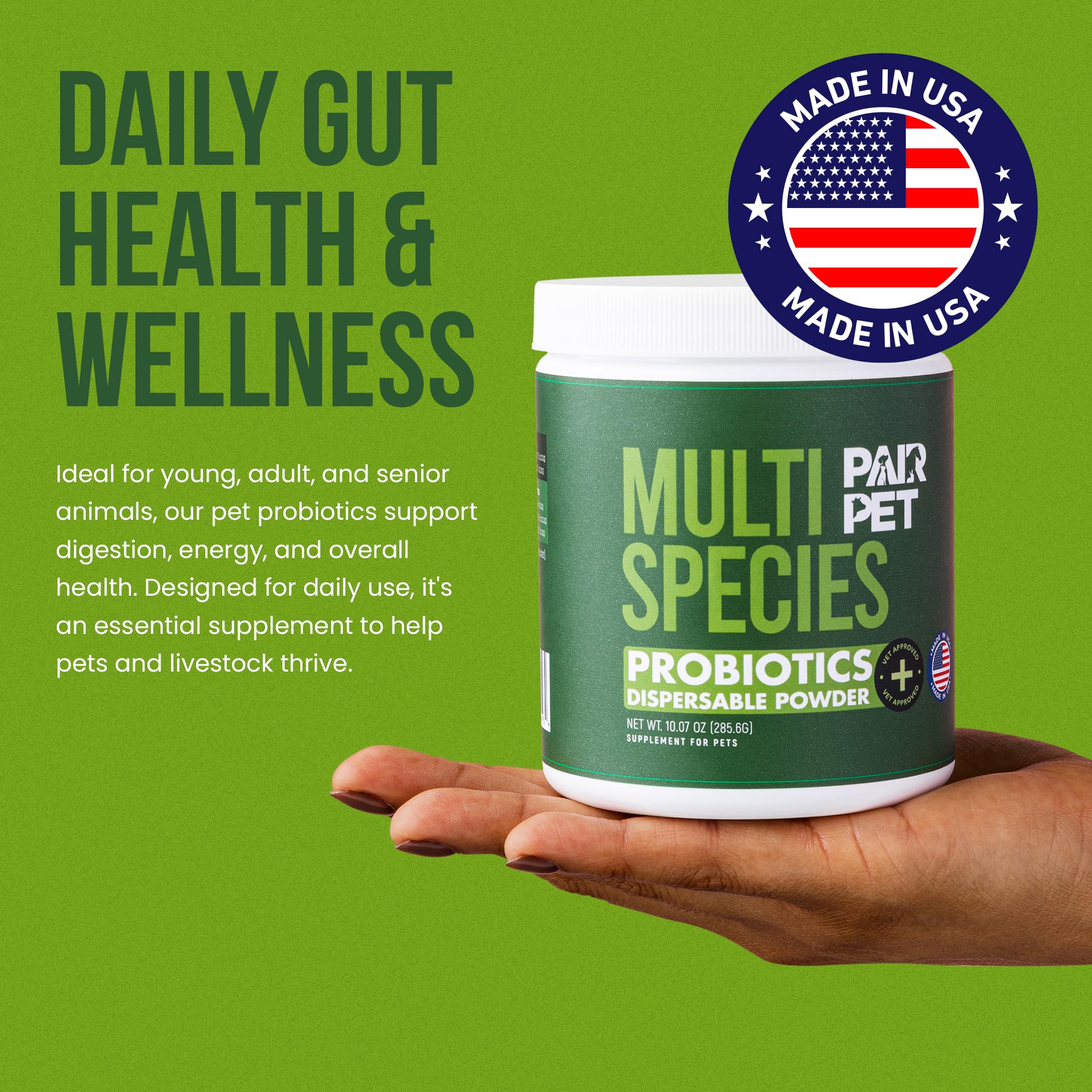 Pair Pet Probiotics: producido en EE. UU. para calidad y seguridad.
