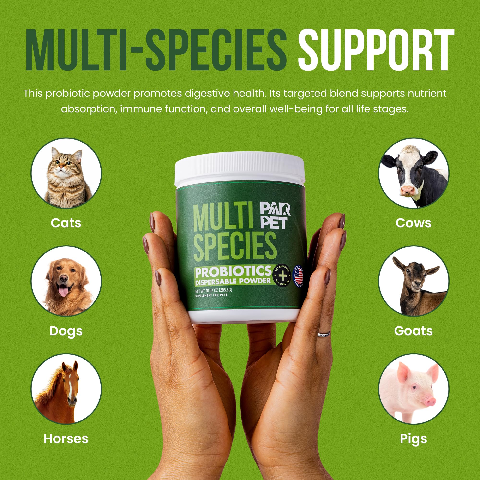 Pair Pet Probiotics: salud digestiva para perros, gatos y animales de granja.