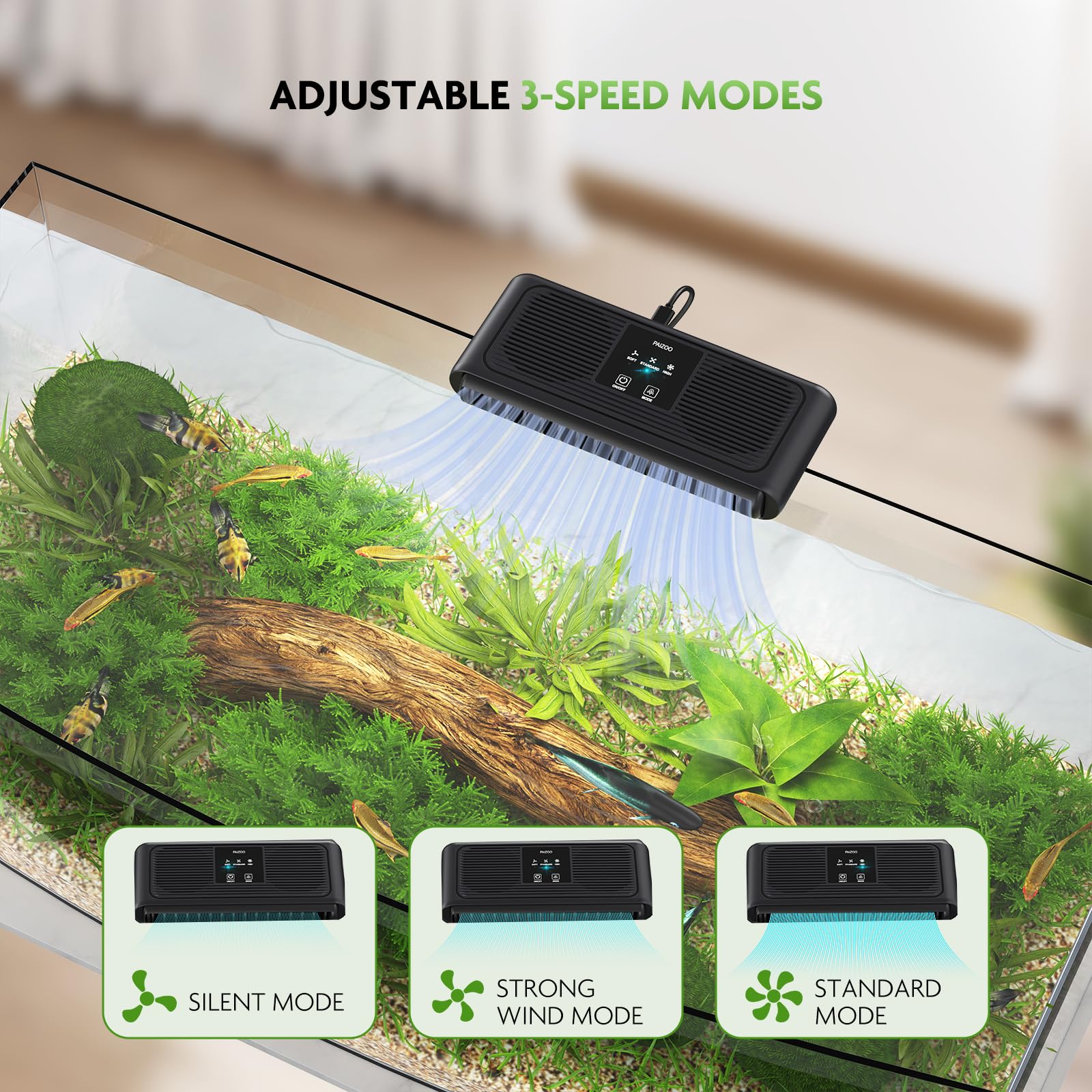 PAIZOO Ventilador de acuario con cable de 150 cm para instalación flexible.