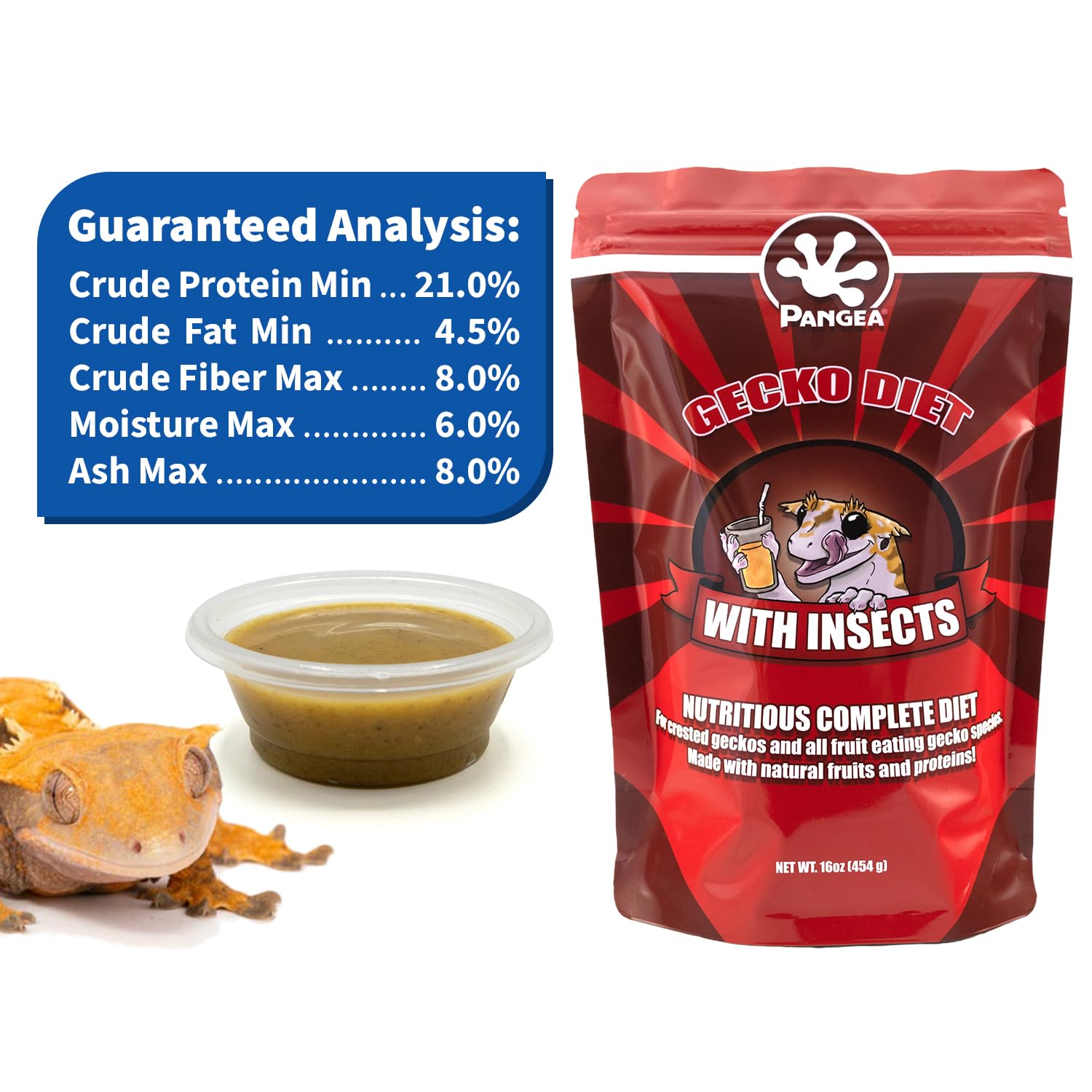 Pangea Fruta Mix con Insectos para gecko crestado; ideal para geckos frugívoros.