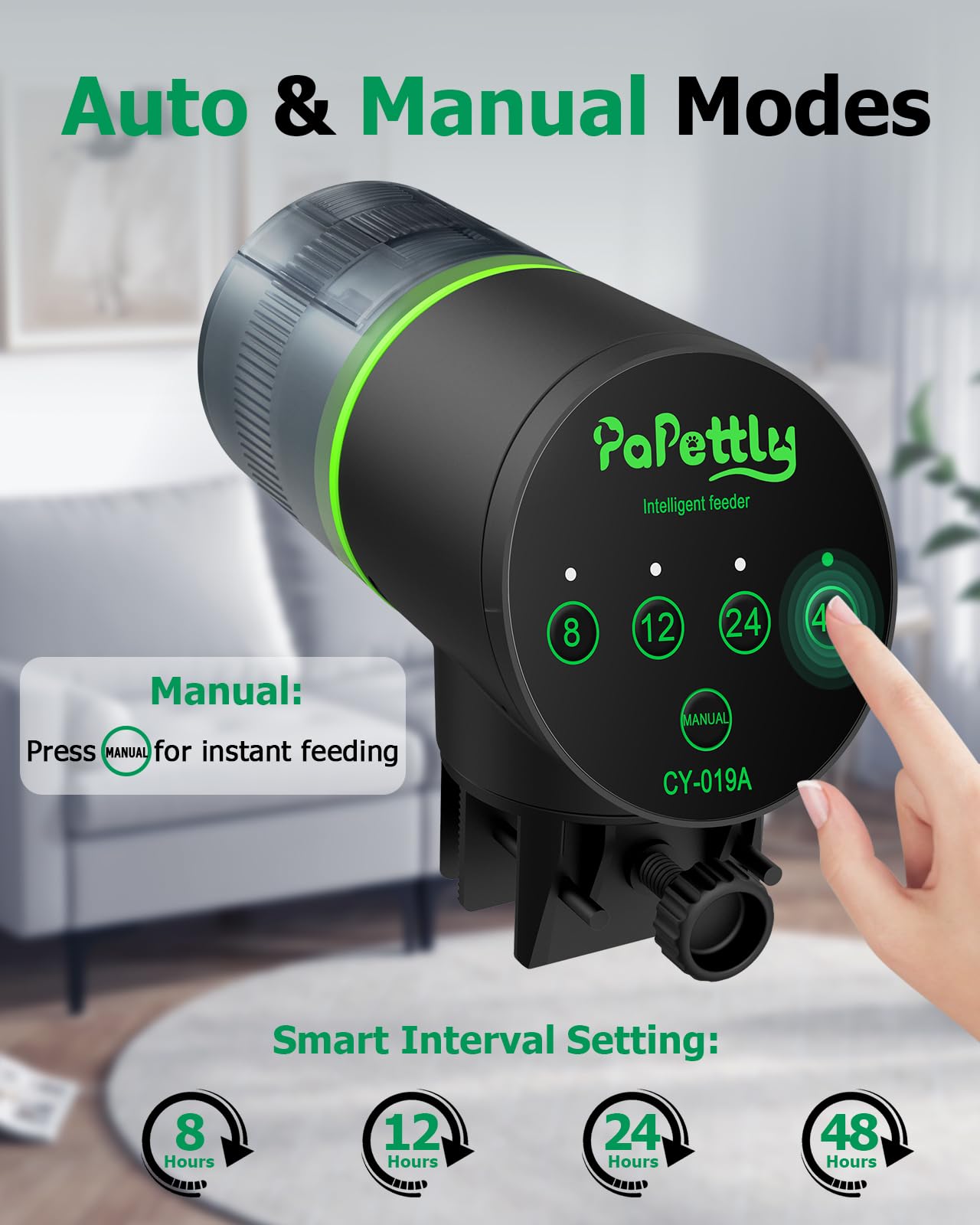 Papettly alimentador con capacidad de 200 ml para pellets o polvo.