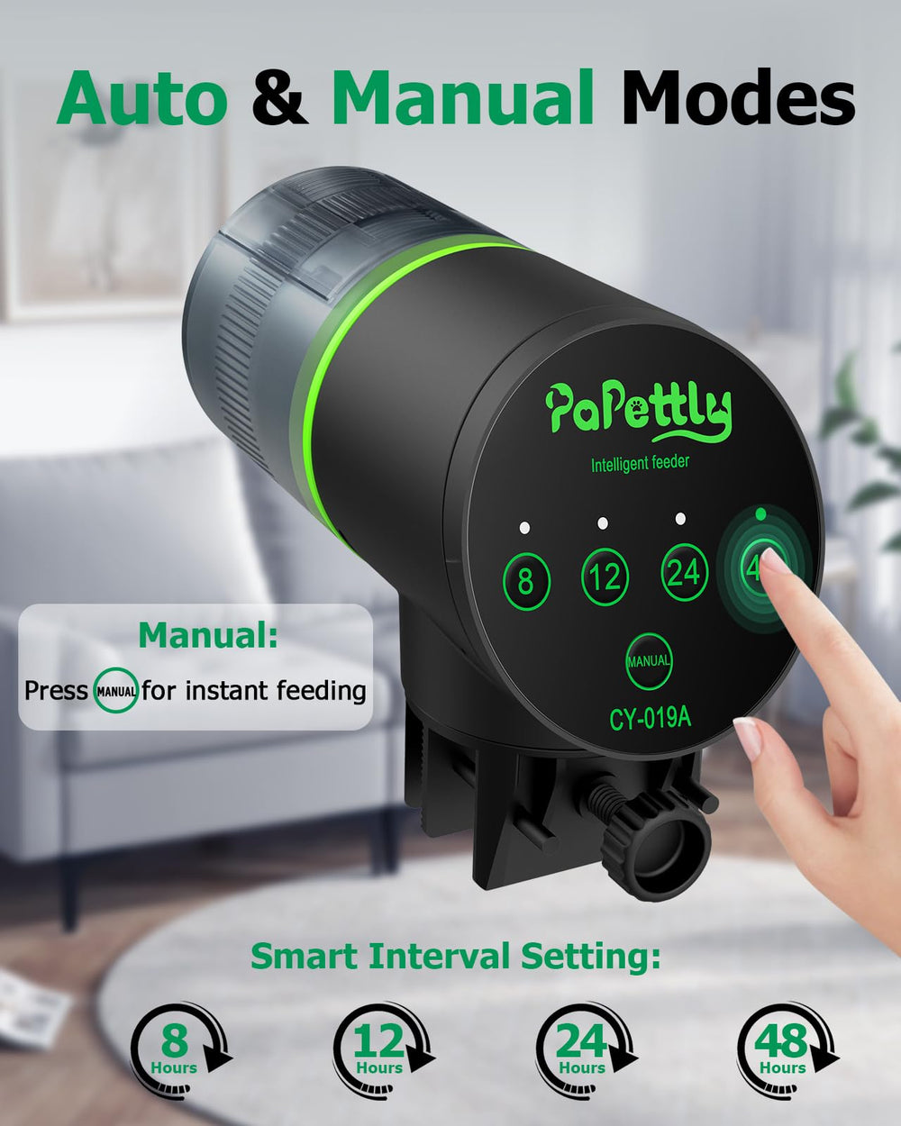 Papettly alimentador con capacidad de 200 ml para pellets o polvo.