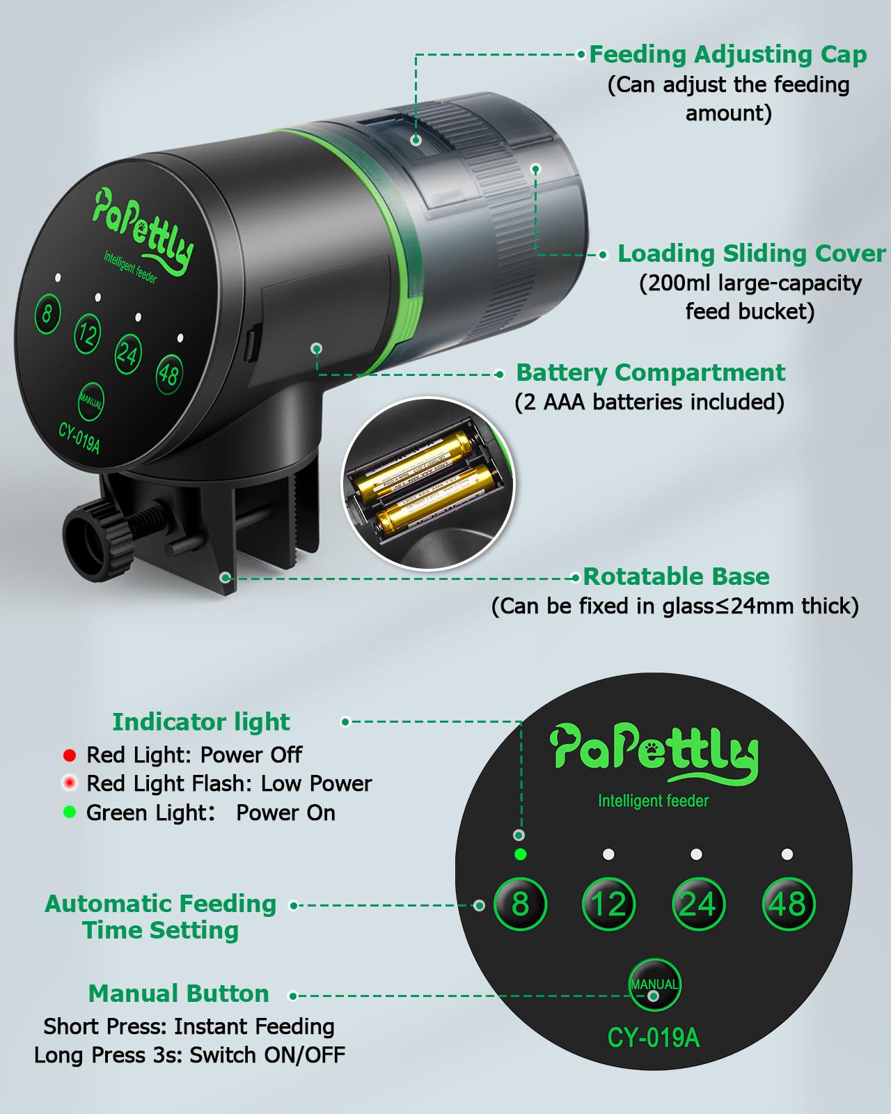 Papettly bateria AAA incluida para uso portatil.