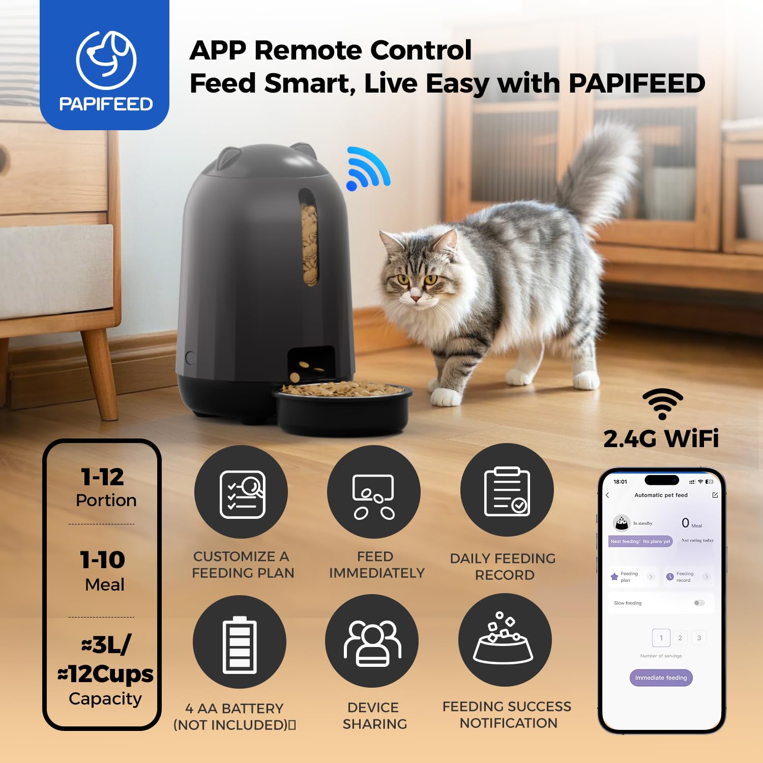 PAPIFEED capacidad de 3 L para almacenar comida seca.