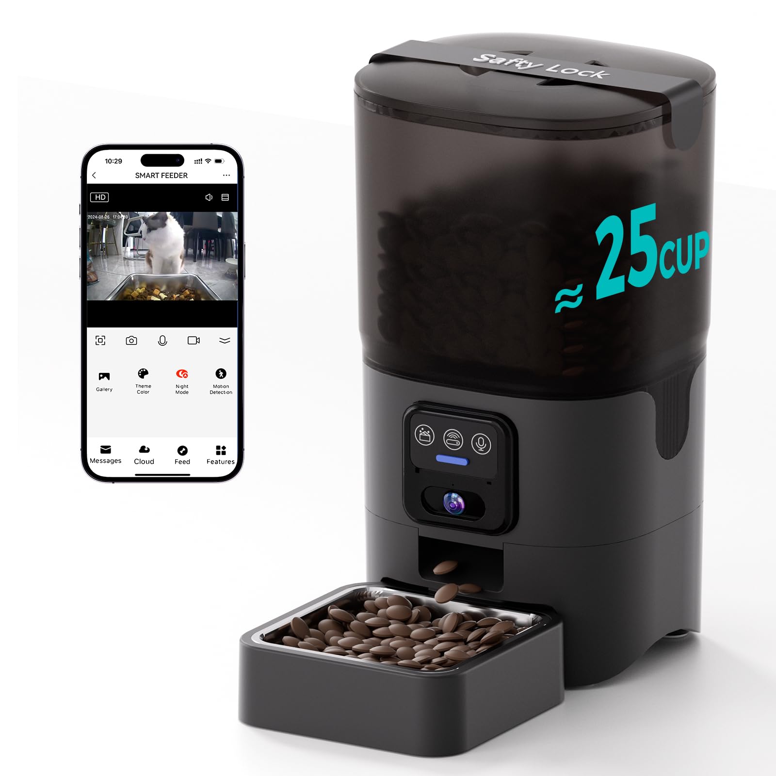 Papifeed alimentador para gatos con cámara 1080p, monitorea la comida en tiempo real.