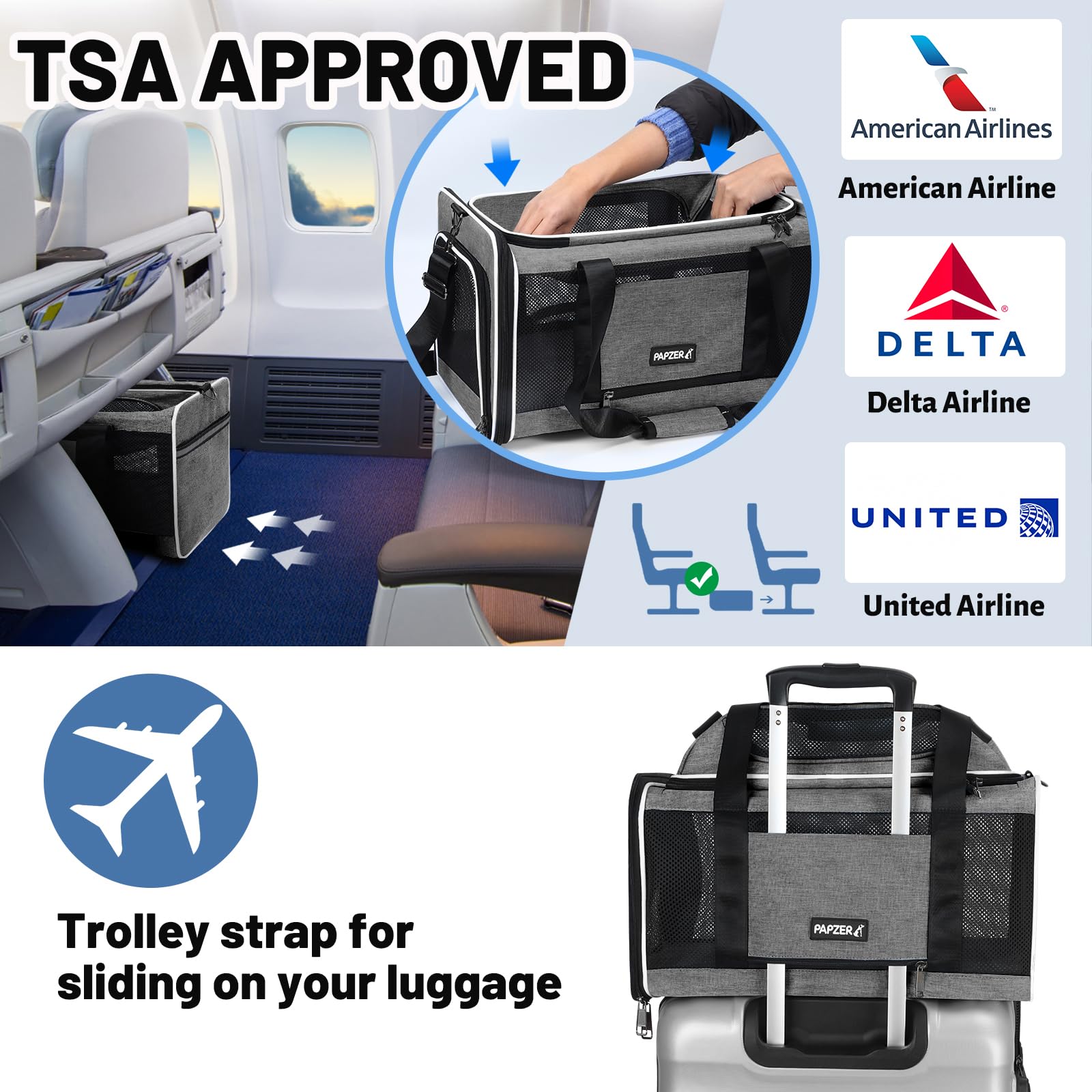 PAPZER transportín gato aprobado para aerolínea: diseño seguro para viajar.