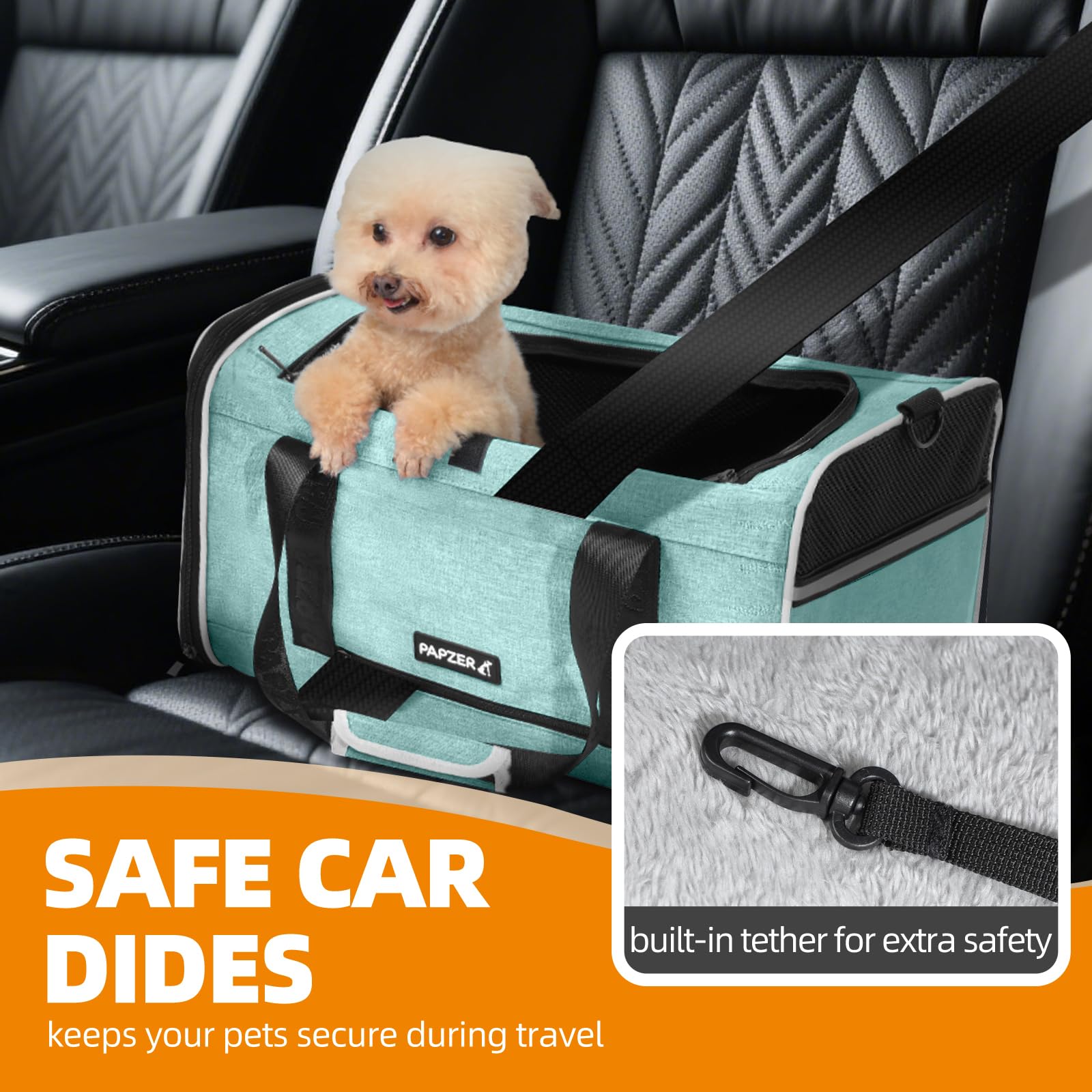 PAPZER porta-mascotas media turquesa: cremalleras autolock para mayor seguridad.