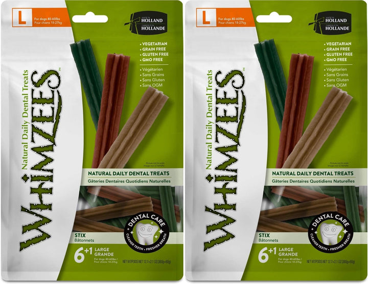 Paragon Whimzees Stix sin gluten, empaque doble, cuidado dental para perros.