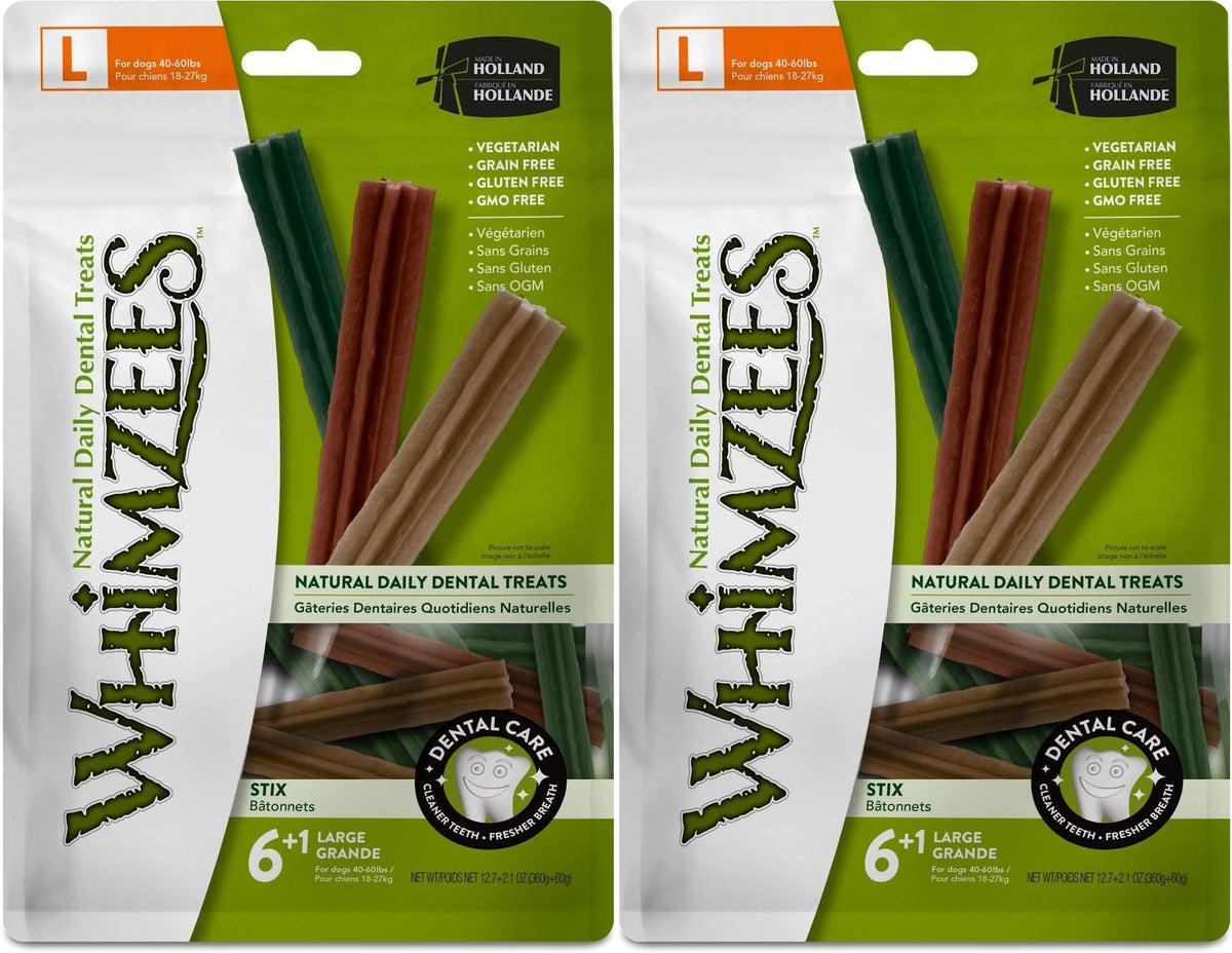 Paragon Whimzees Stix sin gluten, empaque doble, cuidado dental para perros.