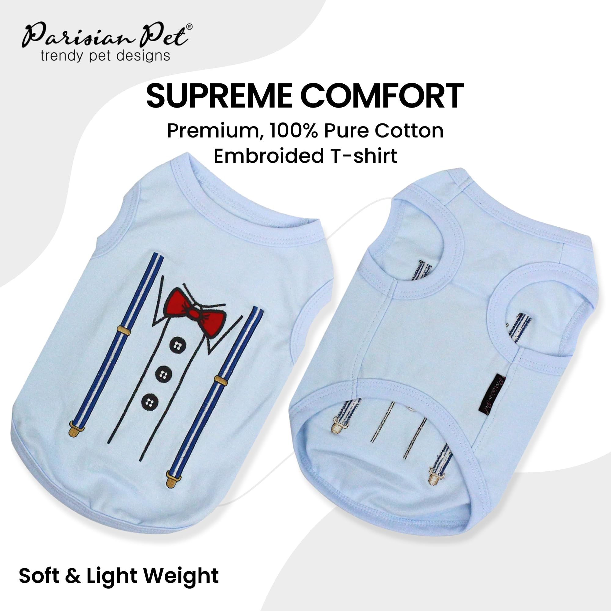 Parisian Pet bordado tuxedo en camiseta para perro, detalle de esmoquin llamativo.