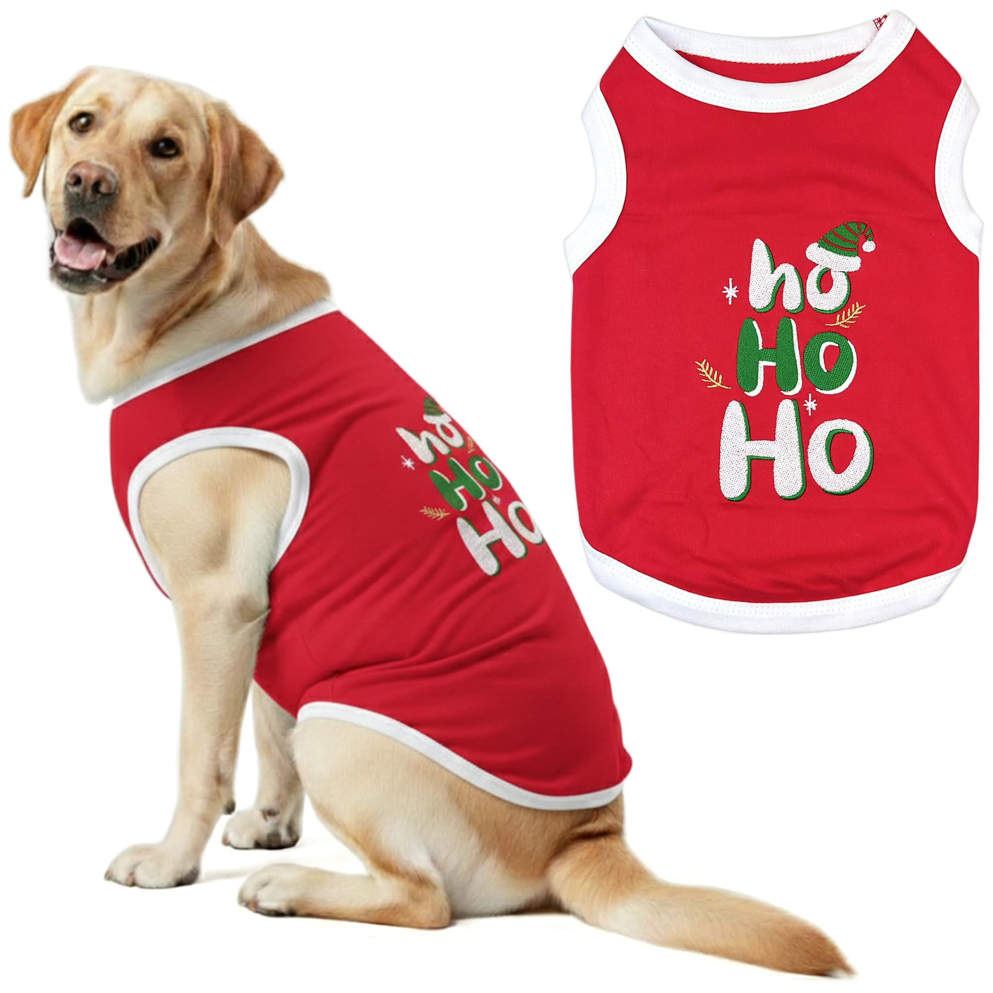 Camiseta roja Parisian Pet para perro con bordado Ho Ho Ho, ideal para fiestas.