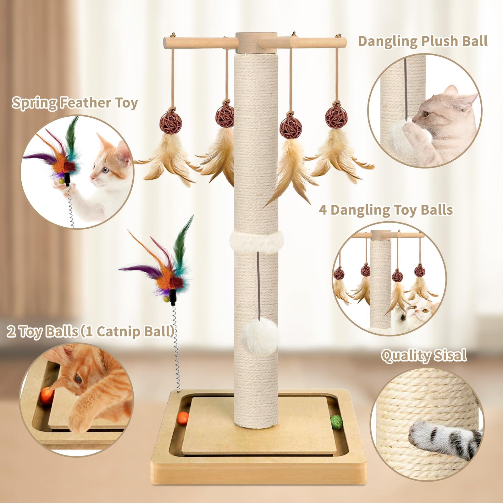 PAROTO poste sisal con bola peluche colgante para juego interactivo.